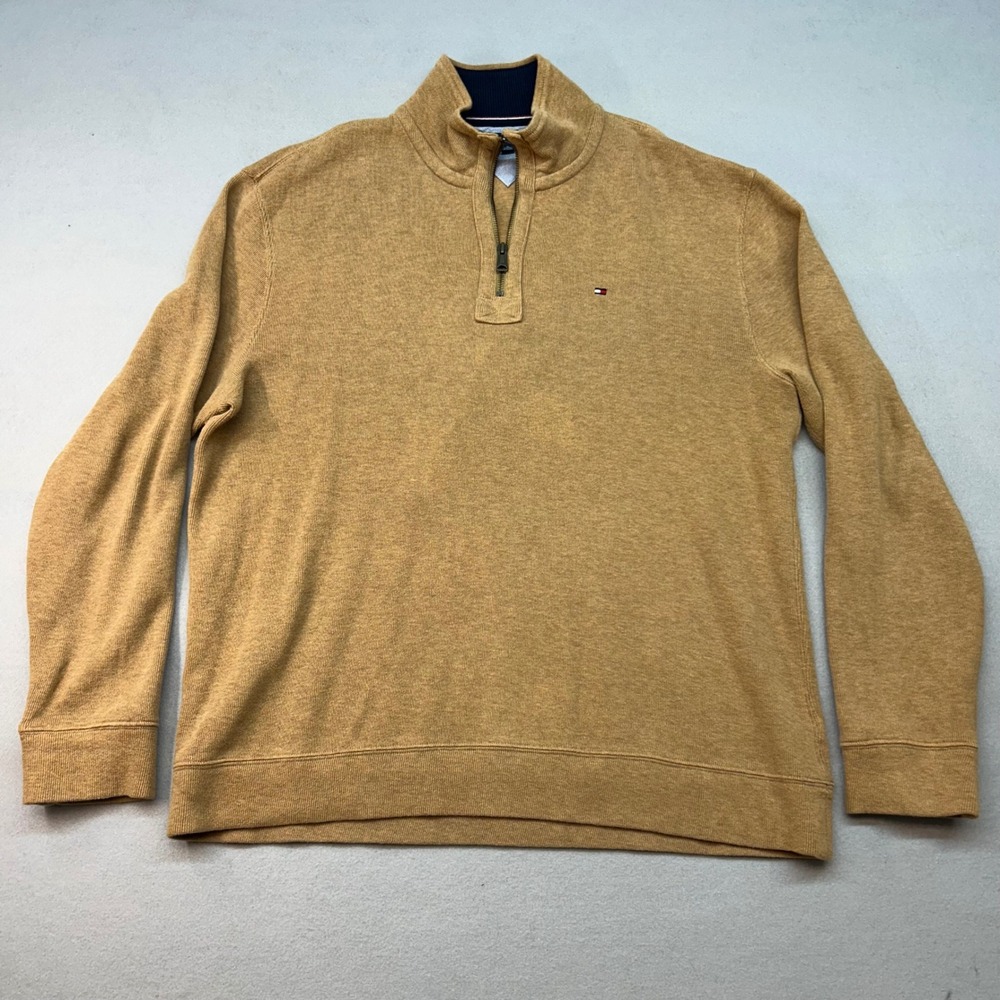 Tommy Hilfiger Mens XL Quarter Zip Cotton Sweater tan Pullover